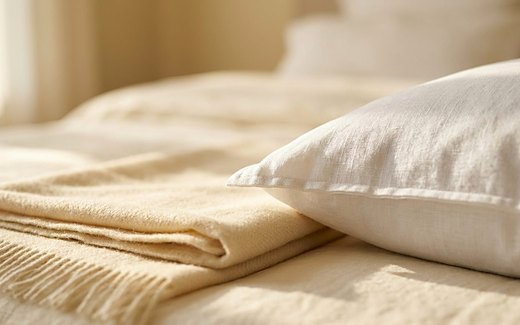 Morning light falling across a cream blanket and a linen pillow on a made bed.