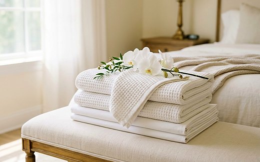 Folded waffle blankets and fresh white sheets stacked on a bench at the foot of a bed, with an orchid stem laid across them.