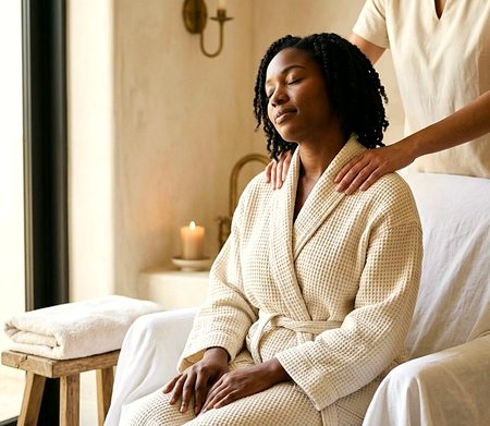 A guest in a robe having her shoulders worked on during a massage.