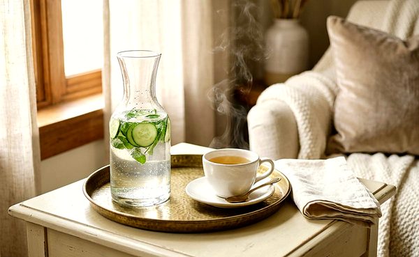 A pot of tea and iced water on a gold tray beside a soft chair.