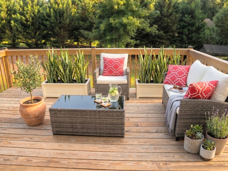 The upper deck set for the afternoon, woven furniture, planters of greenery and a jug of iced lemonade on the table.