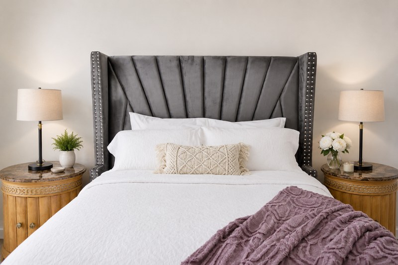 Élan Royale, the headboard and the bedside lamps seen close.