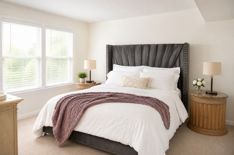 &Eacute;lan Royale, the room at an angle, the windows and the bed with its mauve throw.