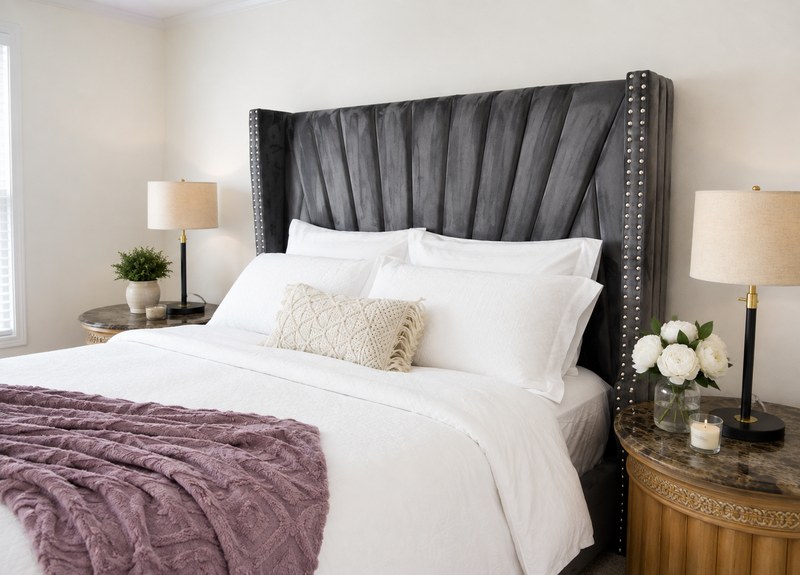 Élan Royale, the bed made up in white linen with the mauve throw folded across it.
