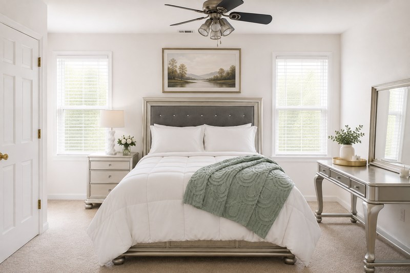 Soléa Serenity, the bed and vanity in daylight from two windows.