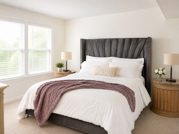 &Eacute;lan Royale Suite: the room at an angle, the windows on one side and the bed with its mauve throw.