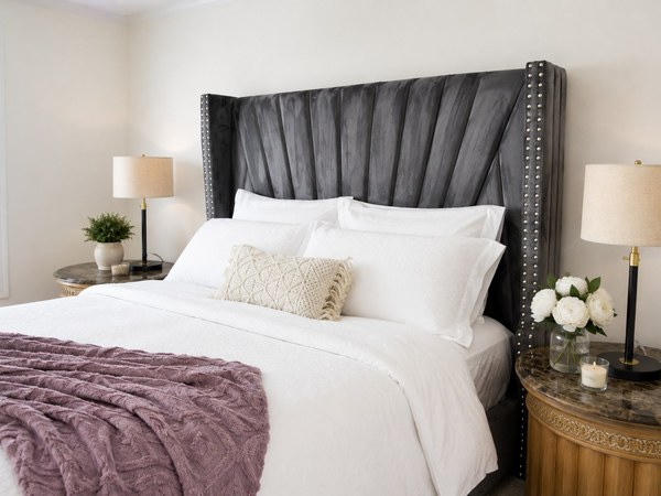 &Eacute;lan Royale Suite: the wing headboard from the side, the bed made up in white with the mauve throw.