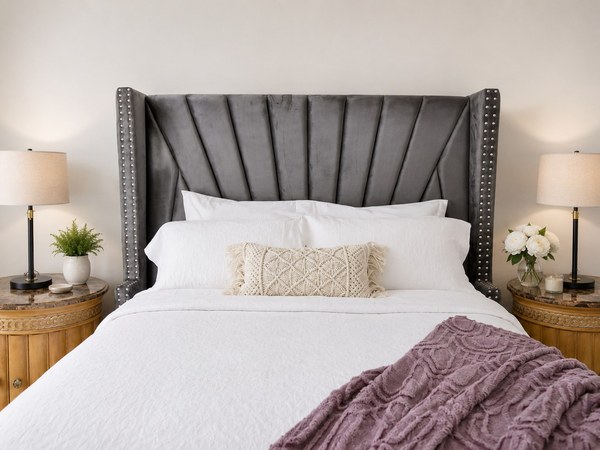 &Eacute;lan Royale Suite: the tall wing headboard between the two round bedside tables, the mauve throw across the bed.