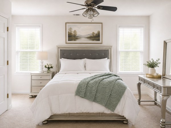 Sol&eacute;a Serenity Suite: the bed straight on beneath the ceiling fan, the mirrored vanity to one side.