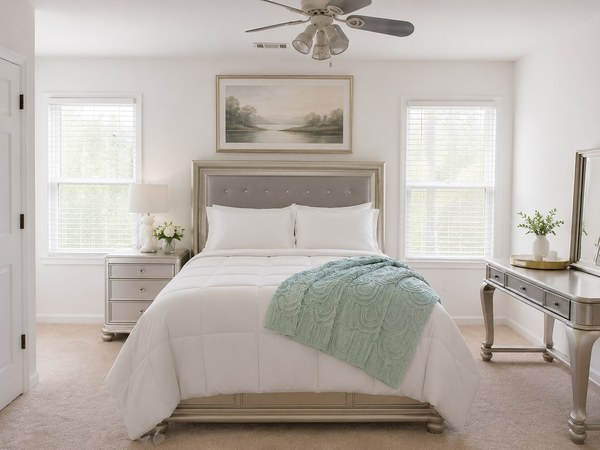 Sol&eacute;a Serenity Suite: the bed with its buttoned headboard and green throw, between two windows, with a framed landscape above it.